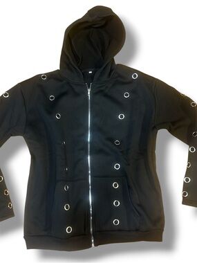 Black Hooded Zip-Up Sweater with Grommet Accents